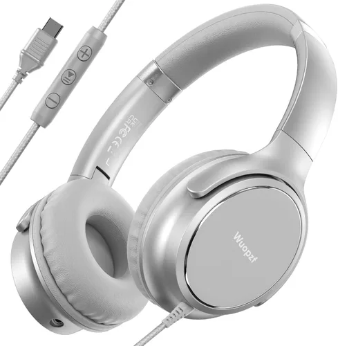 Vista 9 de Auriculares con cable USB C sobre la oreja con micrófono, control de volumen, puerto compartido y diadema ajustable, auriculares estéreo plegables