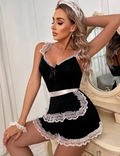 Vista 3 de Unibaby Disfraz sexy de sirvienta para mujer, delantal de encaje, vestido de Lolita, vestido de sirvienta francesa, babydoll para Halloween