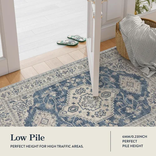 Vista 6 de Lahome Alfombra oriental lavable de área pequeña, 2 x 3 pies, para entrada, cocina, ultra fina, suave, tapete antideslizante para puerta de Azul