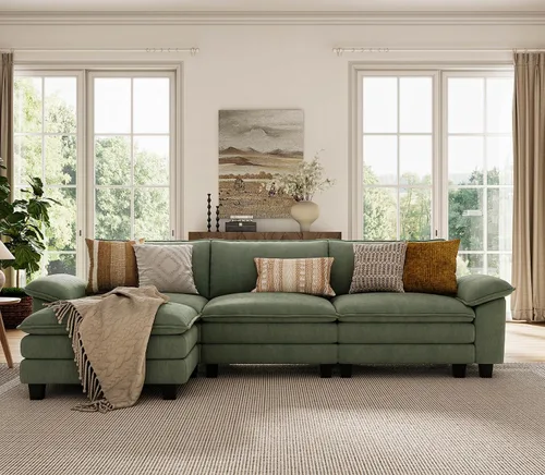 Vista 8 de LINSY HOME Sofá Seccional Modular de 123'' Sofá Verde de Pana Nube para Sala de Estar, Sofá en Forma de L con Otomana Móvil, Sofás Seccionales