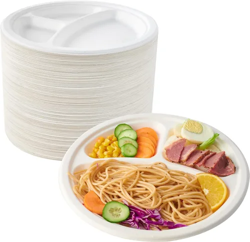 Vista 9 de ECOLipak Paquete de 125 Platos Compostables de 3 Compartimentos, Platos de Papel Desechables de 8.85 Pulgadas de Alta Resistencia, Plato Dividido