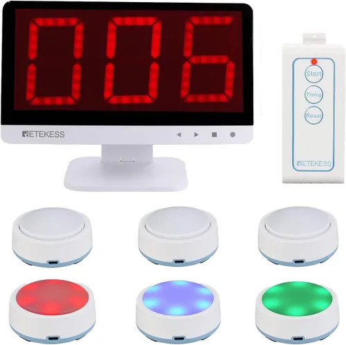 Vista 11 de Retekess Sistema de zumbador inalámbrico TM101, contesta zumbadores con luces y sonido, añade hasta 32 botones, 262 pies, zumbadores de programas