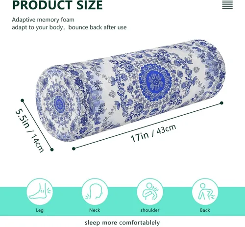 Vista 3 de Almohada redonda con funda de porcelana azul y blanca para el cuello, almohada cervical, soporte de cuello de espuma viscoelástica para dormir