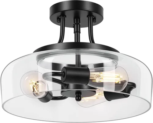 Vista 11 de Lámpara de techo industrial moderna semiempotrada con pantalla de vidrio transparente, lámpara de techo negra de 3 bombillas para cocina
