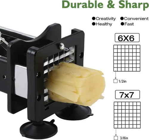 Vista 3 de Votron Cortador de patatas fritas de acero inoxidable con 2 tamaños de cuchillas duraderas para verduras, papas, cebollas, zanahorias, pepinos