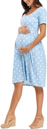 Vista 4 de BBHoping Vestido de maternidad casual a rayas para mujer, manga corta y 34, longitud hasta la rodilla, ropa de embarazo para baby shower