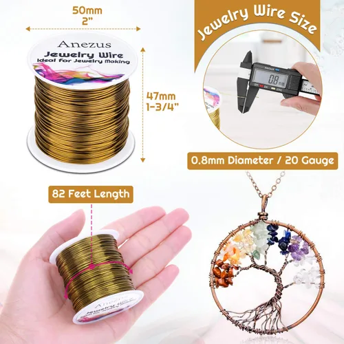 Vista 2 de anezus Alambre de joyería de calibre 20, alambre para manualidades de 28 yardas, alambre de cobre resistente al deslustre, para suministros