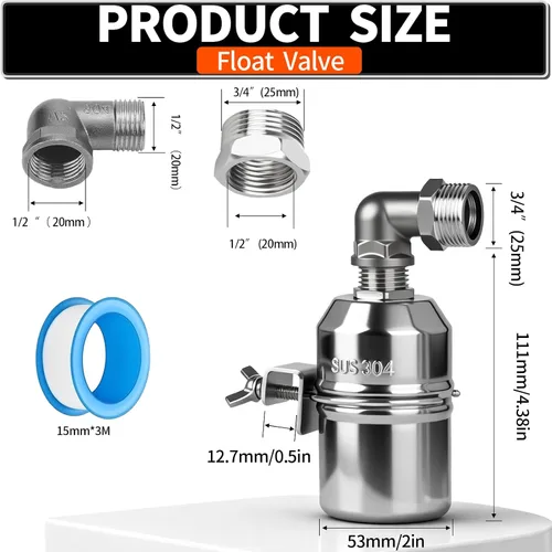 Vista 2 de Válvula de flotador de acero inoxidable 304 de 1/2 pulgada con control automático de nivel de agua para tanque de agua, canal de ganado, piscinas