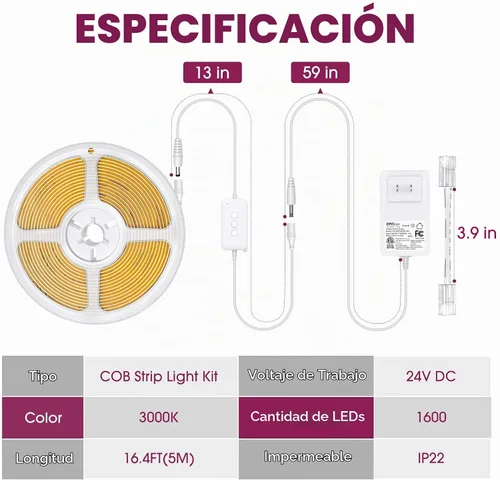 Vista 8 de EMITEVER Tira de luces LED Blanco cálido 3000K 16.4 pies, 24V CC COB Regulable Cinta de luces con controlador RF, adaptador de corriente de alta