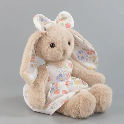 Vista 2 de Conejito de peluche de 14 pulgadas, conejo beige con vestido floral de fresa y lazo, regalo de conejo de Pascua suave para niñas, decoración