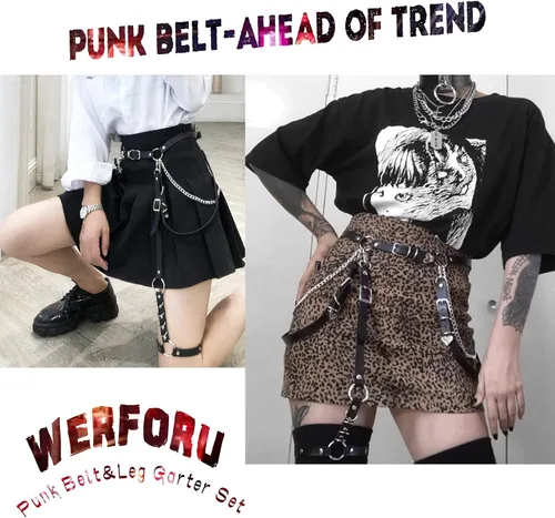 Vista 2 de WERFORU Cinturón punk de piel sintética para mujer con cadena, cinturón gótico de roca con ligas de pierna