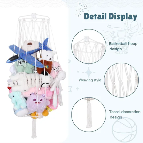 Vista 4 de Organizador grande de juguetes de peluche, hamaca colgante de animales de peluche, almacenamiento de juguetes de macramé, estante de exhibición