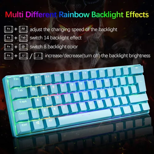 Vista 4 de Combo de teclado y auriculares mecánicos para juegos 60 con retroiluminación arco iris antifantasma 61 teclas micrófono ajustable de 6400 DPI