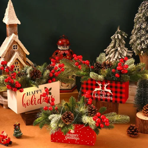 Vista 5 de Hotop Juego de 3 centros de mesa de Navidad, 90 piezas de ramas artificiales nevadas, conos de pino acebo, bayas con caja de madera para casa