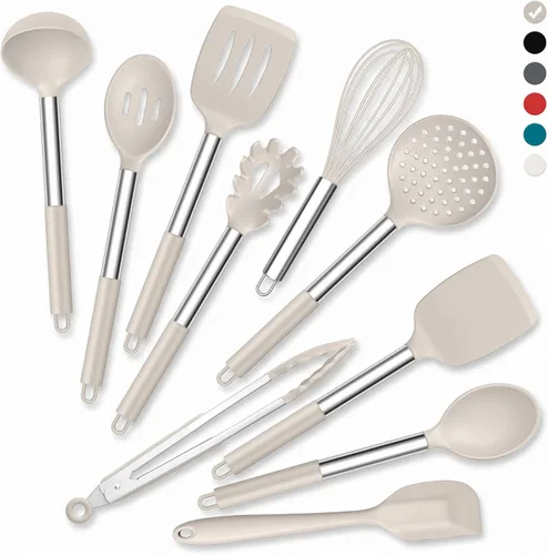 Vista 18 de Onader Juego de 10 utensilios de cocina de silicona, con soporte y mango de acero inoxidable resistente al calor para utensilios de cocina Negro
