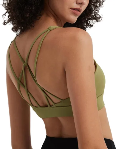 Vista 4 de Attifall Brasier deportivo para mujer, sexy, espalda cruzada, bajo impacto, acolchado, con tirantes delgados, brasier de yoga con copas extraíbles