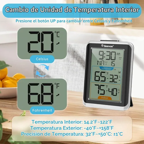 Vista 6 de Geevon Termómetro e higrómetro inalámbrico para interiores/exteriores, sensor digital de temperatura y humedad con hora, reloj, rango de 200 Negro B