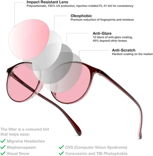 Vista 4 de BRADDEL Indoor FL-41 Rosa & Outdoor FL-60 Marrón Gafas de Migraña para Sensibilidad a la Luz Fluorescente, LED, Deslumbramiento, Fotofobia y Uso