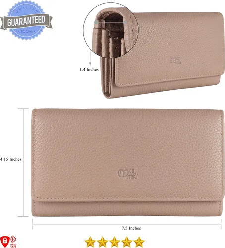 Vista 17 de Mou Meraki - Billetera o bolsa de mano de cuero genuino, con bloqueo de seguridad RFID, con escudo contra el robo de identidad, para mujeres