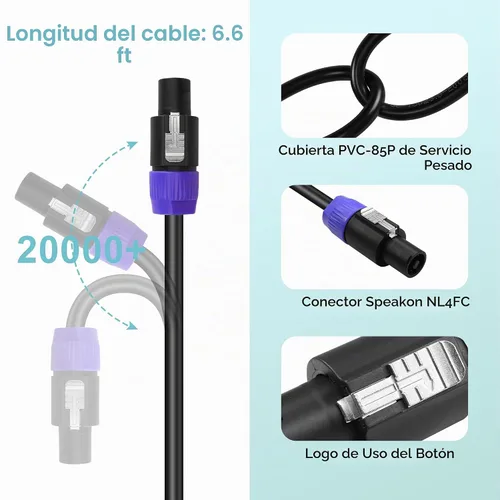Vista 3 de Cable Speakon a Speakon, 12AWG 2 pines NL2FC altavoz macho a macho cable amplificador de audio profesional (6.6 ft/6.6 pies)