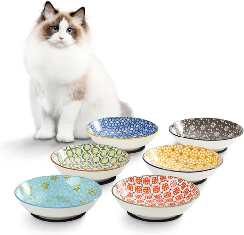 Vista 7 de Fairy Tales - Juego de 6 cuencos de cerámica coloridos para gatos, platos de alimentación con alfombrilla antideslizante, plato ancho poco profundo