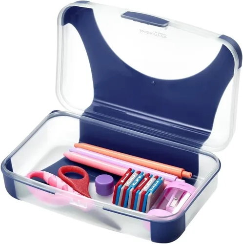 Vista 3 de LockerMate by Bostitch Estuche rígido para lápices, caja de lápices de plástico duradero, diseño apto para niños, negro y transparente