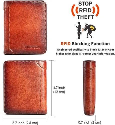 Vista 15 de Billetera de piel triple con bloqueo RFID para hombre con 2 ventanas de identificación, 2 compartimentos para efectivo, 6-8 ranuras para tarjetas