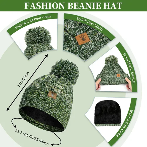 Vista 2 de Conjunto de gorro de invierno cálido para mujer con guantes de pantalla táctil, bufanda larga con diseño de pompón, gorra de calavera forrada