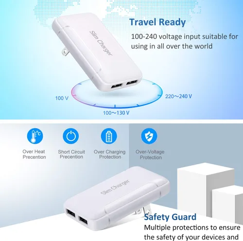 Vista 7 de Cargador de pared delgado, paquete de 2 cargadores de pared USB-A de doble puerto de 3A/5V con enchufe plegable, enchufe de pared USB doble plano