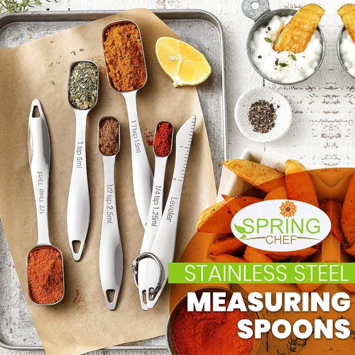 Vista 2 de Spring Chef - Juego de 6 cucharas medidoras apilables de acero inoxidable con nivelador Rectangular Metric Metal Teaspoon & Tablespoon Measuring