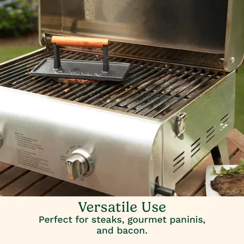 Vista 3 de Cuisinart - Prensa de parrilla de hierro fundido con mango de madera, prensa de hamburguesa rectangular antiadherente de alta resistencia con mango