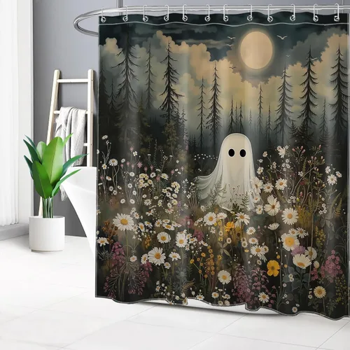 Vista 3 de LB Cortina de ducha espeluznante de Halloween, lindo fantasma en flores, árbol negro, luna llena, cortinas de ducha para baño, tela de poliéster