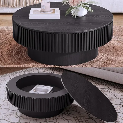 Vista 32 de Mesa de centro redonda de madera de 31.49 pulgadas con almacenamiento, mesa de centro circular acanalada de 2 niveles con tapa y estante para sala