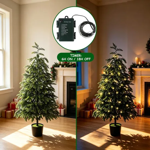 Vista 5 de Cllayees 4FT Cedar Christmas Tree with Lights Artificial Potted Tree Timer, 80 LEDs, Lighted Fake Trees, Front Porch Outdoor Indoor Decor, Christmas