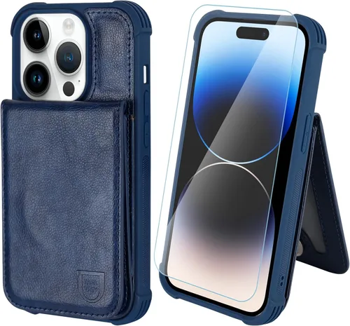 Vista 19 de VANAVAGY Funda tipo cartera compatible con iPhone 14 Pro Max para mujeres y hombres, de piel sintética, cierre magnético, con bloqueo RFID Negro
