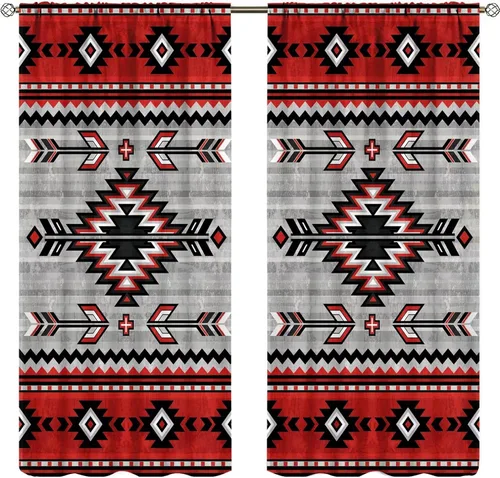 Vista 67 de Cortinas con patrón geométrico tribal, estilo suroeste, azteca, rústico, occidental, nativo americano, opacas, con bolsillo para barra, decoración