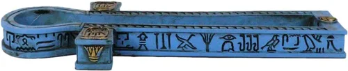 Vista 4 de Ebros Gift Hermosos símbolos jeroglíficos azules egipcios Cartucho dorado Ankh Key Incienso Stick Burner Holder Figurine Gods of Egypt Talismán of