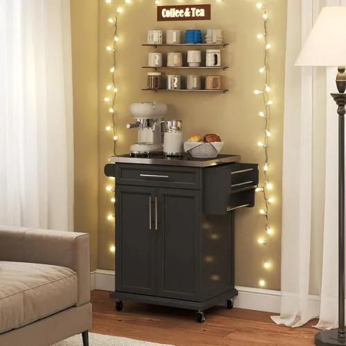 Vista 8 de HOMCOM Isla de cocina sobre ruedas, carrito de cocina rodante con encimera de acero inoxidable, cajón, toallero y estante de especias, carrito