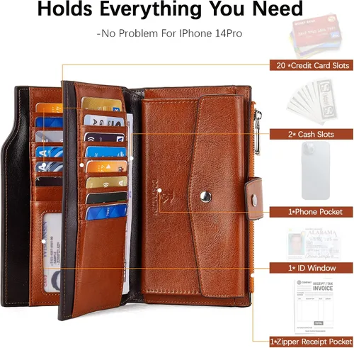 Vista 2 de BOSTANTEN Carteras de cuero para mujer, bloqueo RFID, gran capacidad, triple tarjetero, embrague para teléfono