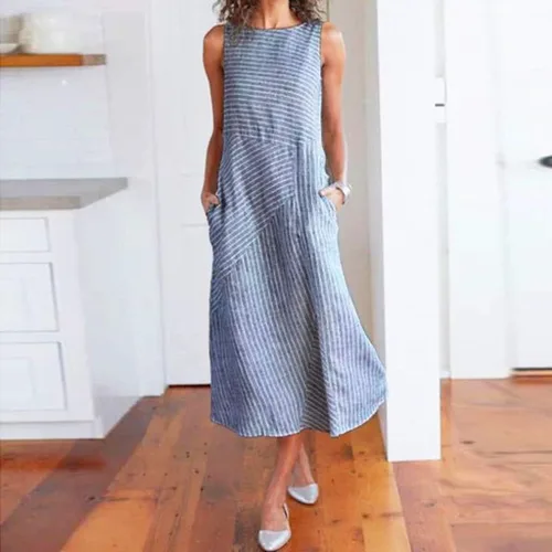 Vista 2 de Vestido largo para mujer, primavera, verano, algodón, lino, bohemio, casual, a la moda, sin mangas, para vacaciones