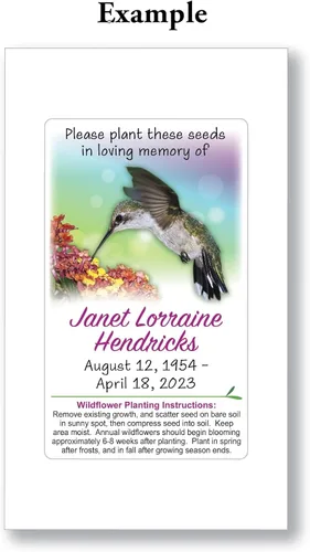 Vista 4 de 100 paquetes personalizados de semillas funerarias conmemorativas de colibríes de flores silvestres para conmemorar la celebración de la vida (100)