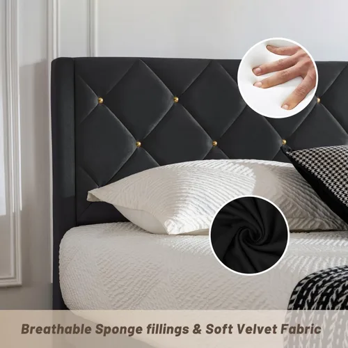 Vista 4 de Base de cama de plataforma de tamaño matrimonial con cabecera de terciopelo, soporte de listones de madera resistente, base de colchón, no requiere