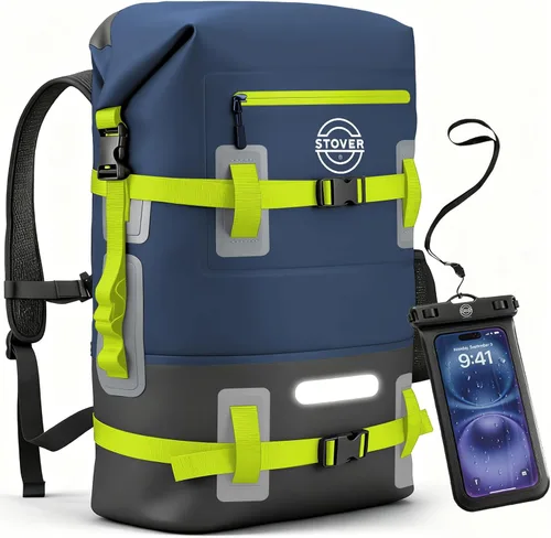 Vista 10 de STOVER - Mochila seca impermeable de 30/40/55L y funda para teléfono, bolsa seca flotante extragrande para kayak, viajes, senderismo, pesca Negro