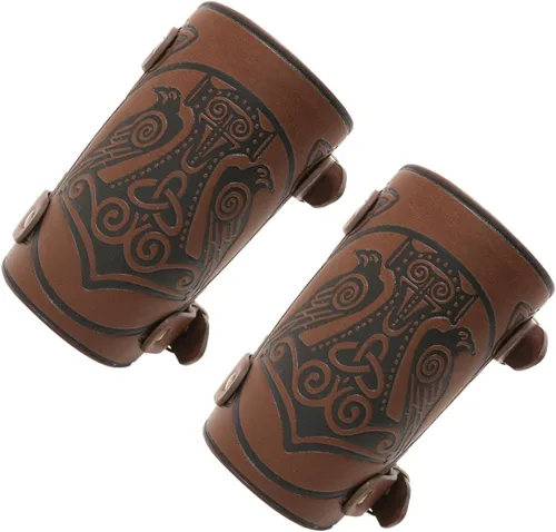 Vista 2 de GelConnie Guantelete de cuero pulsera vikingo de cuero protector de brazo medieval armadura brazaletes de cuero muñequeras Cosplay