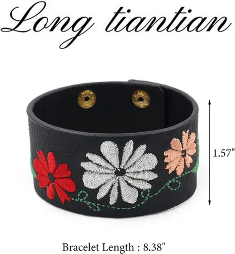 Vista 7 de Long tiantian Pulsera de cuero con patrón de flores para hombres y mujeres, pulsera hippie de los años 80, joyería hippie