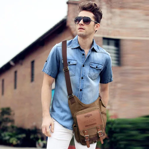 Vista 7 de Bolso de mensajero de lona vintage para hombre, bolso de mensajero de retazos de cuero en el pecho