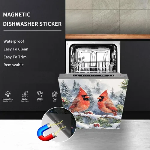 Vista 5 de Adhesivo magnético para lavavajillas de invierno, diseño de pájaros rojos para cocina, cubierta de lavavajillas, reutilizable, para panel