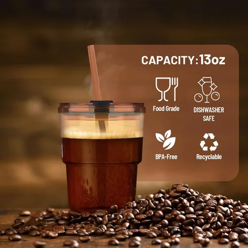 Vista 5 de Luxfuel Vaso Tumbler de Agua de Vidrio de 13 onzas con Pajita y Tapa, Tazas Reutilizables para Café Helado, Té Helado, Vaso Tumbler de Vidrio