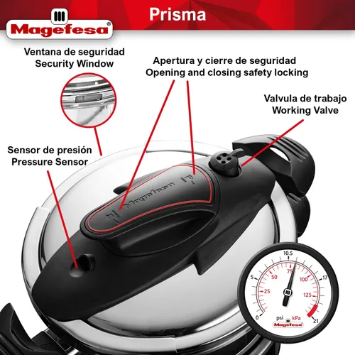 Vista 5 de MAGEFESA Prisma - Olla a presión, 4.2+6.3 cuartos de galón, acero inoxidable 18/10, fácil bloqueo, compatible con inducción, 5 sistemas