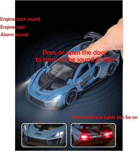 Vista 3 de Vehículo de juguete coleccionable de aleación azul McLaren Senna con retroceso automático, modelo de coche fundido a presión con luces y sonido